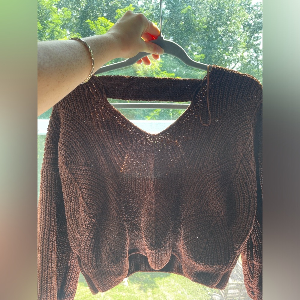 Small, brown, pink rose sweater.